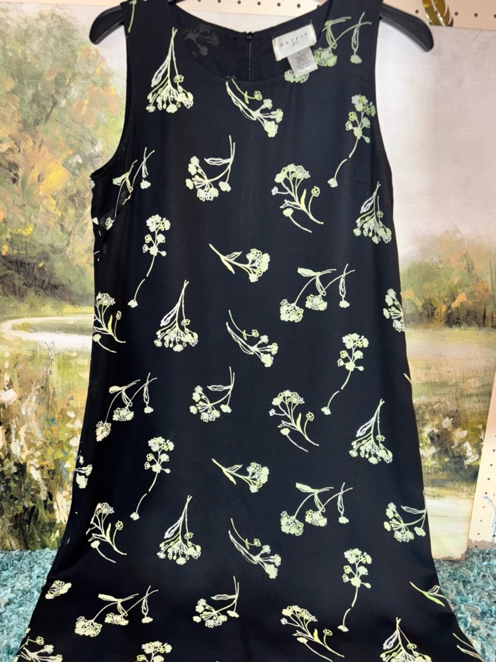 Girls' Black Sleeveless Shift Dress with Pale Yellow Floral Print